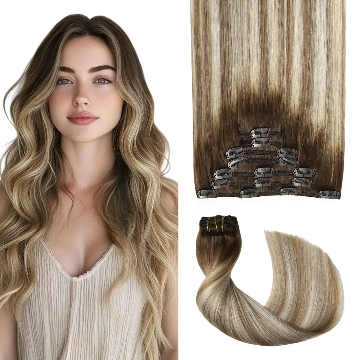 Sweetmet Pro2.0 Clip in Hair Extensions Real Human Hair 120g Thick 7pcs #60 Platinum Blonde Remy Real Human Hair Extensions Clip ins Seamless Double Weft for Women