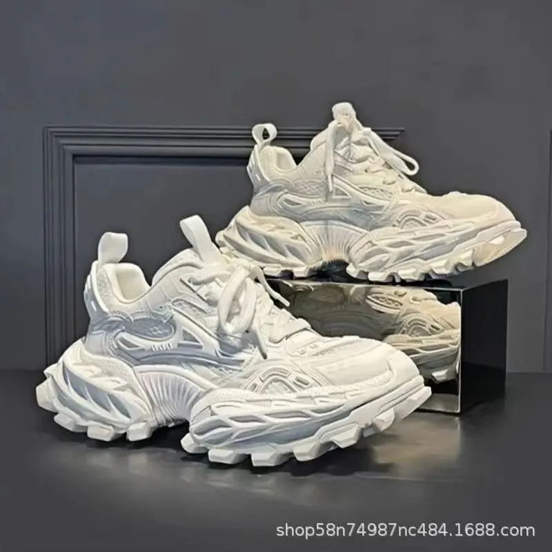 2026 Men's Genuine Leather Elevated Dad Sneakers Color Block Mesh Chunky Casual Shoes With Thick Sole