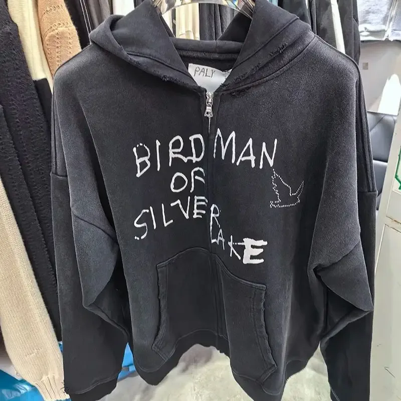 Nouveau surdimensionné PALY sweat à capuche pour homme femme lavé noir endommagé meilleure qualité décontracté Vintage Cardigan Zip sweats