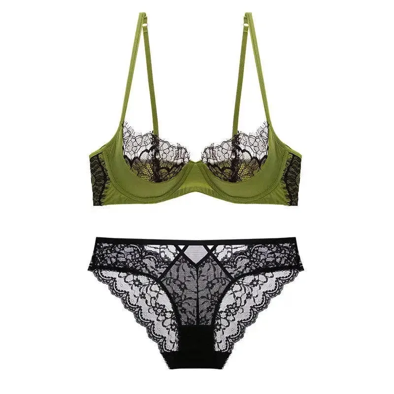 גודל פלוס חצי כוס סט חזיית תחרה שקופה סט תחתונים דק במיוחד תמיכת הרמת תחתונים לנשימה כוס גדולה תואמת