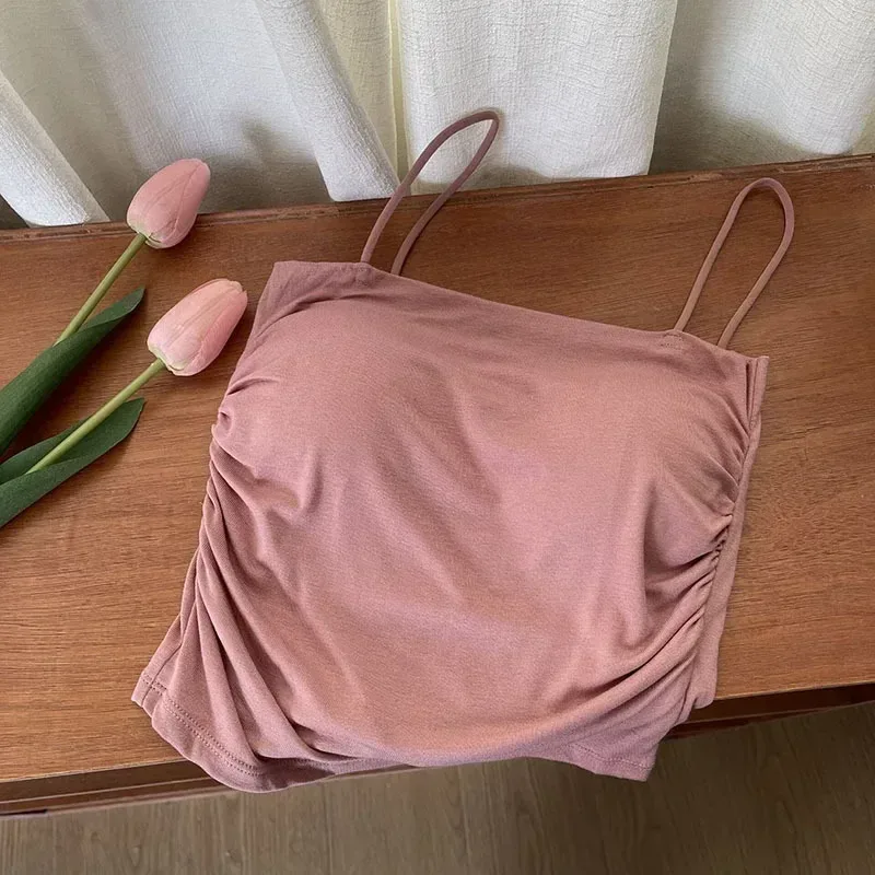 Solid All-Match Pleat Sling Vest Strap Chest Pad Inner Wear Slim Fit Slimming Short Gyaru Outer Wear Top