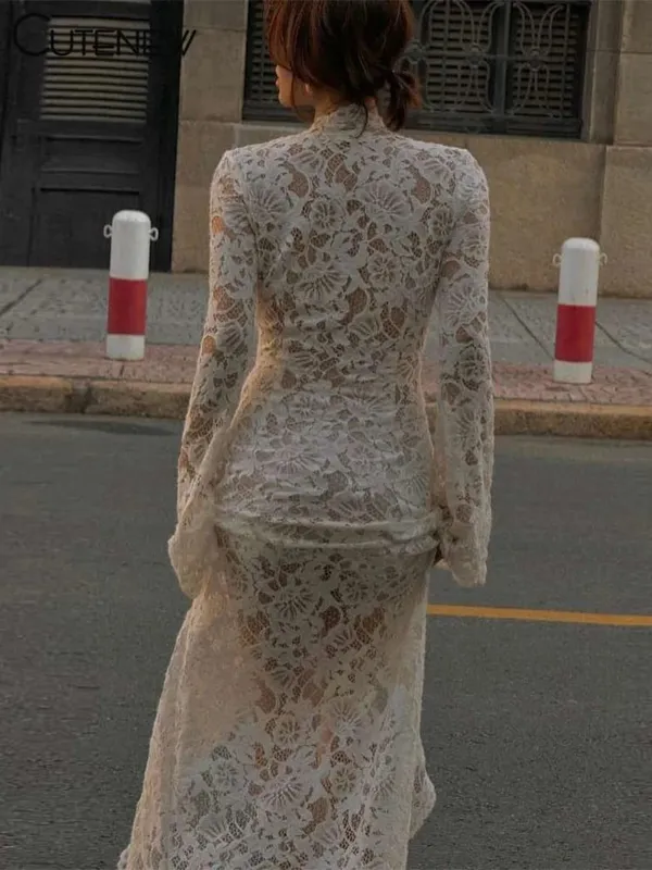 Cutenew dentelle pure femmes Robe Maxi Sexy solide mode à manches longues col rond pansement gaine robes femme superbe Robe de nuit