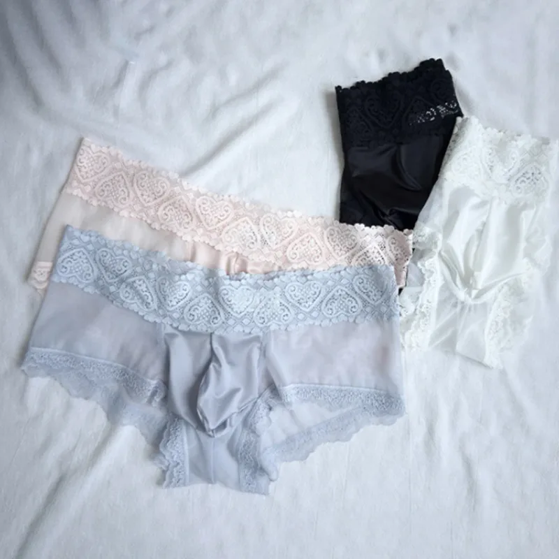 Cuecas masculinas de seda gelo com acabamento de renda fina e sem costura brilhante bolsa 3D calcinha leve confortável lingerie diária