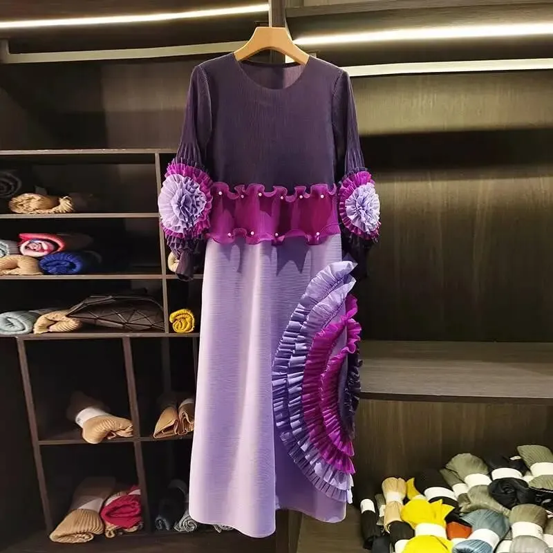Pleated Tie Flower Long Sleeve Women's Dress Chic New Loose Colorblock Patchwork Design Beading Famale Clothing 2DB6651
