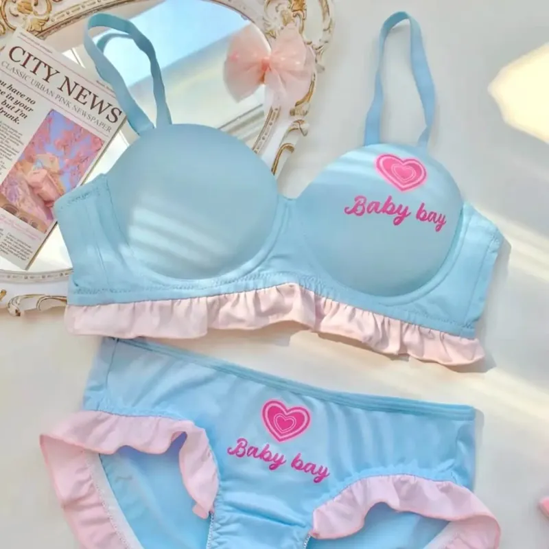Lolita Inspired Lingerie Set for Small Chest Wireless Push Up Bralette to Enhance Curves Sweet Barbie Style Bra & Tushy Panty