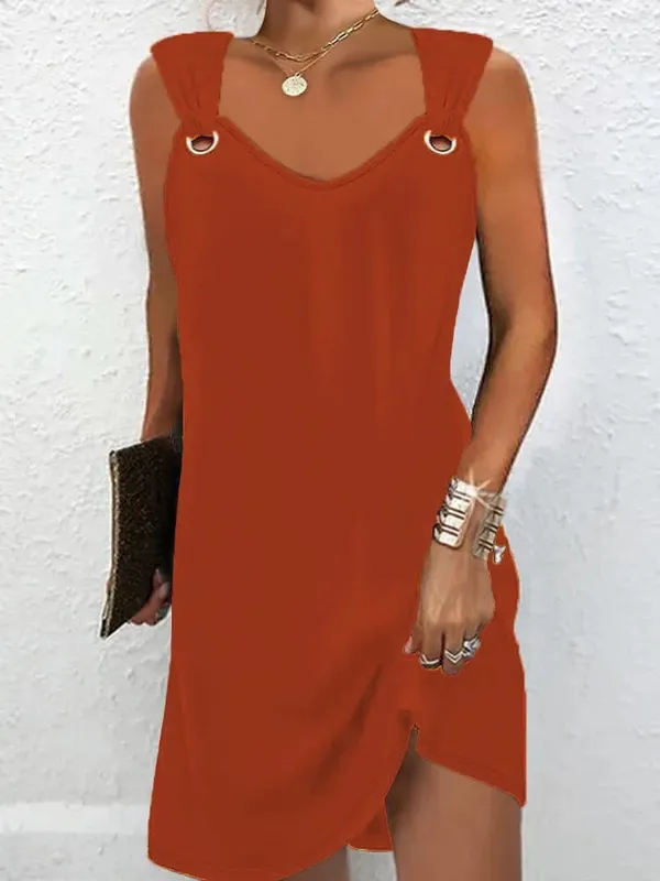 Women Summer Casual Dresses 2025 Elegant Simple Style Solid Color Metal Button V-neck Sleeveless Dress Female Sexy Midi Vestidos