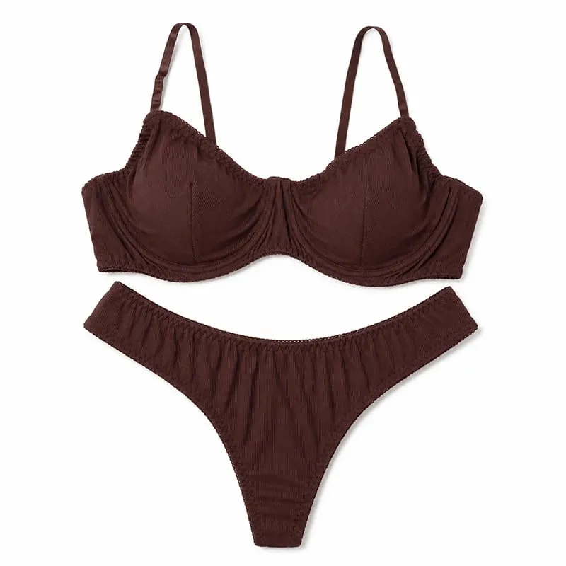 Kadınlar Katı Nervürlü iç çamaşırı seti Balenli Ince Fincan Sutyen Eşleşen Alçak Tanga Yumuşak Günlük Intimates