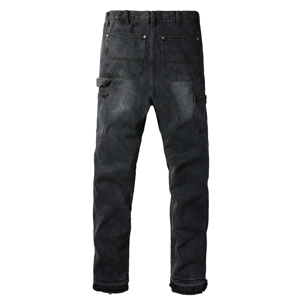 Men Patch Cargo Denim Jeans Streetwear Rivet Released Hem Patchwork Pants Button Fly Loose Straight Cotton Trousers