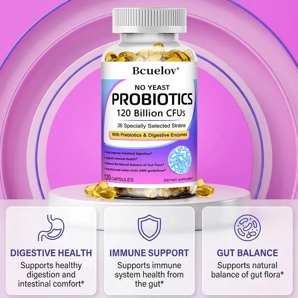 Probióticos 120 mil millones de UFC con prebióticos y enzimas digestivas Apoya la digestión Flora intestinal Alivio de la hinchazón y salud inmune