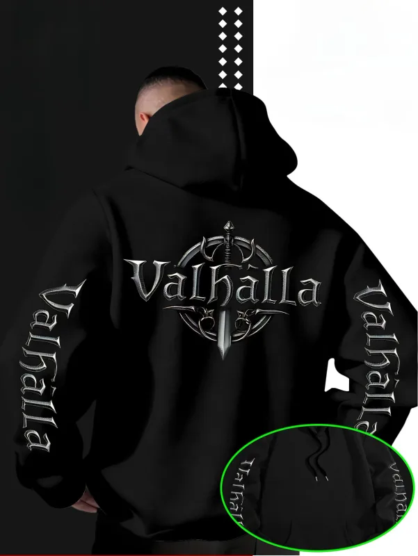 Street Style Loose Viking Valhalla Logo Bercetak Pedang Sweatshirt Bertudung untuk Lelaki, Sesuai untuk Musim Gugur dan Musim Sejuk.