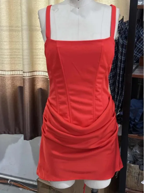 Sexy Slim Fishbone Mini Dresses Women's 2026 Summer Solid V-neck Pleated Sleeveless Bodycon Dress Fashion Lady Party Club Gowns — image 12