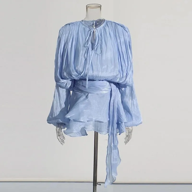 Solid Patchwork Lace Up Blouse Mini Dresses For Women V Neck Long Sleeve Sweet Style Dress Female Clothing Fashion