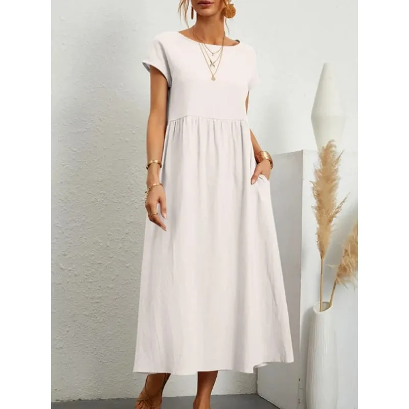 Premium Elegant Solid Cotton Linen Dress Summer Midi with Pockets Loose Fit Casual Crew Neck Short Sleeve for Beach Travel