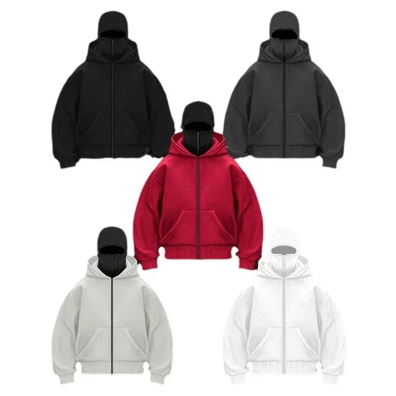 Pasamontañas moda personalidad Sudadera con capucha hombres Color sólido doble capa Sudadera con capucha Y2k Retro Hip Hop ropa de calle de invierno — image 3