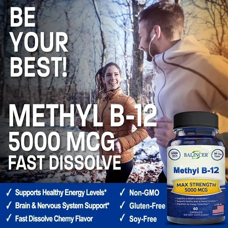 Vitamin B12 - 5000 MCG Supplement -Benefits Brain & Heart Function Supports Memory Learning Helps Boost Natural Energy