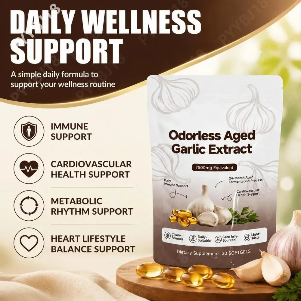 Odorless Aged Garlic Extract Softgels 7500mg 24-Month Fermented herbal Botanical Formula Cardiovascular Immune Support 30 Count