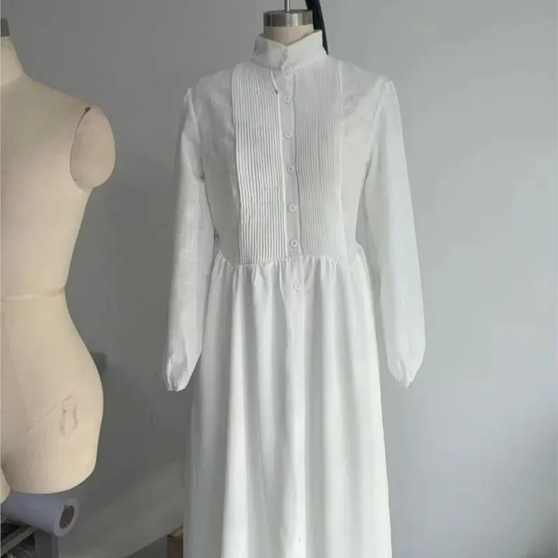 Women's Elegant Single Breasted Long Dress 2026 French High Waist Solid Pockets Pleated Maxi Evening Dress