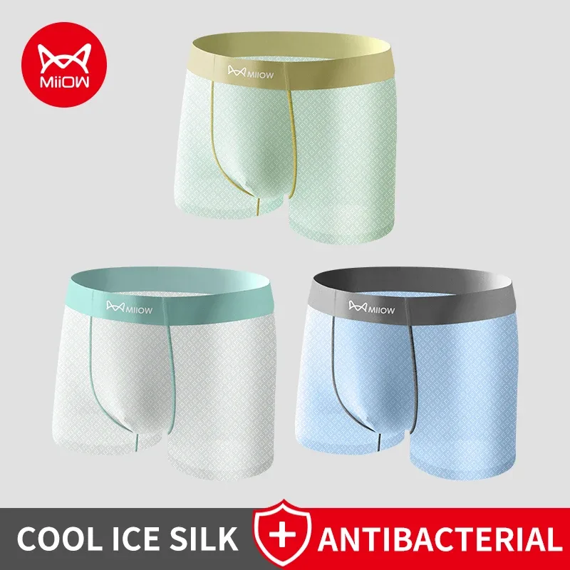 MiiOW 3Pcs Cool Ice Silk Men Underwear Boxers 7A Antibacterial Men's Panties Seamless Mesh Breathable Mens Underpants Man Boxers