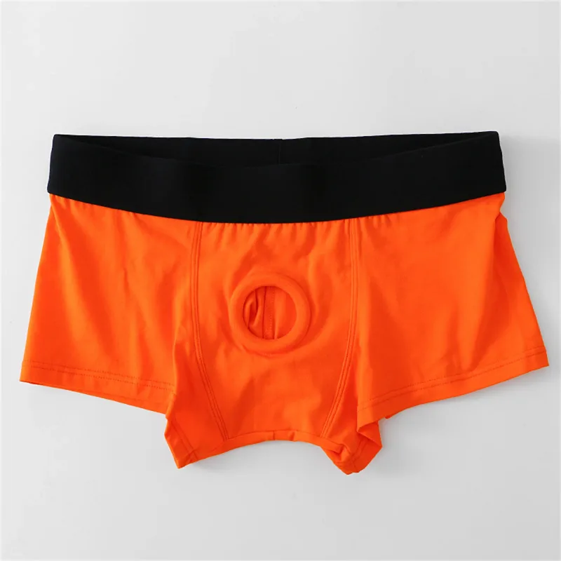 Herren-Boxershorts mit Vorderloch-Beutel, Unterwäsche, Silikon-Cockring, sexy Boxershorts, breiter Bund, Baumwollunterhose, aushöhlen, Dessous