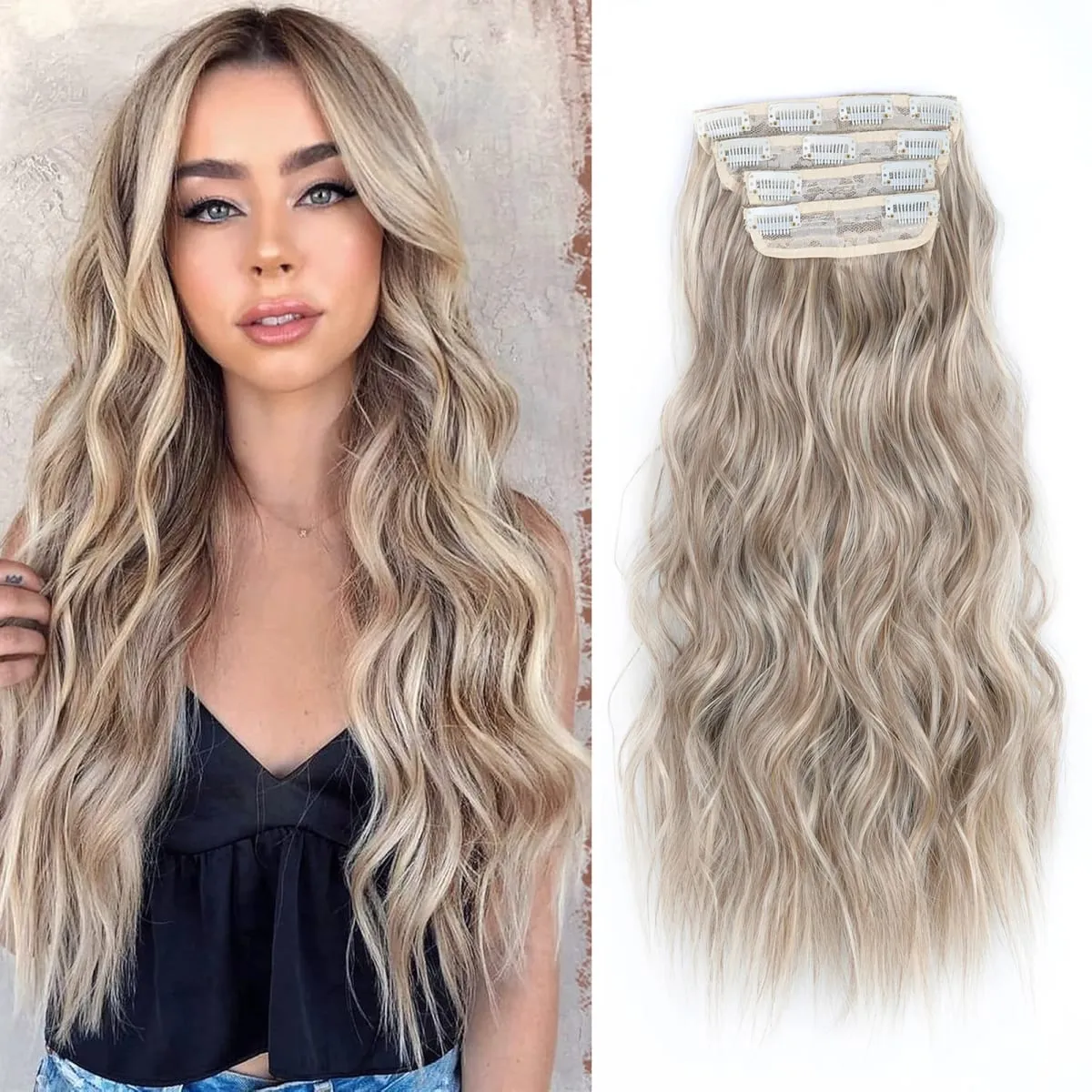 linwan Clip In Hair Extensions 4 PCS Full Head 20 Inch Long Curly Wavy Synthetic Hair Pieces Natural Wavy For Women Girls Hair