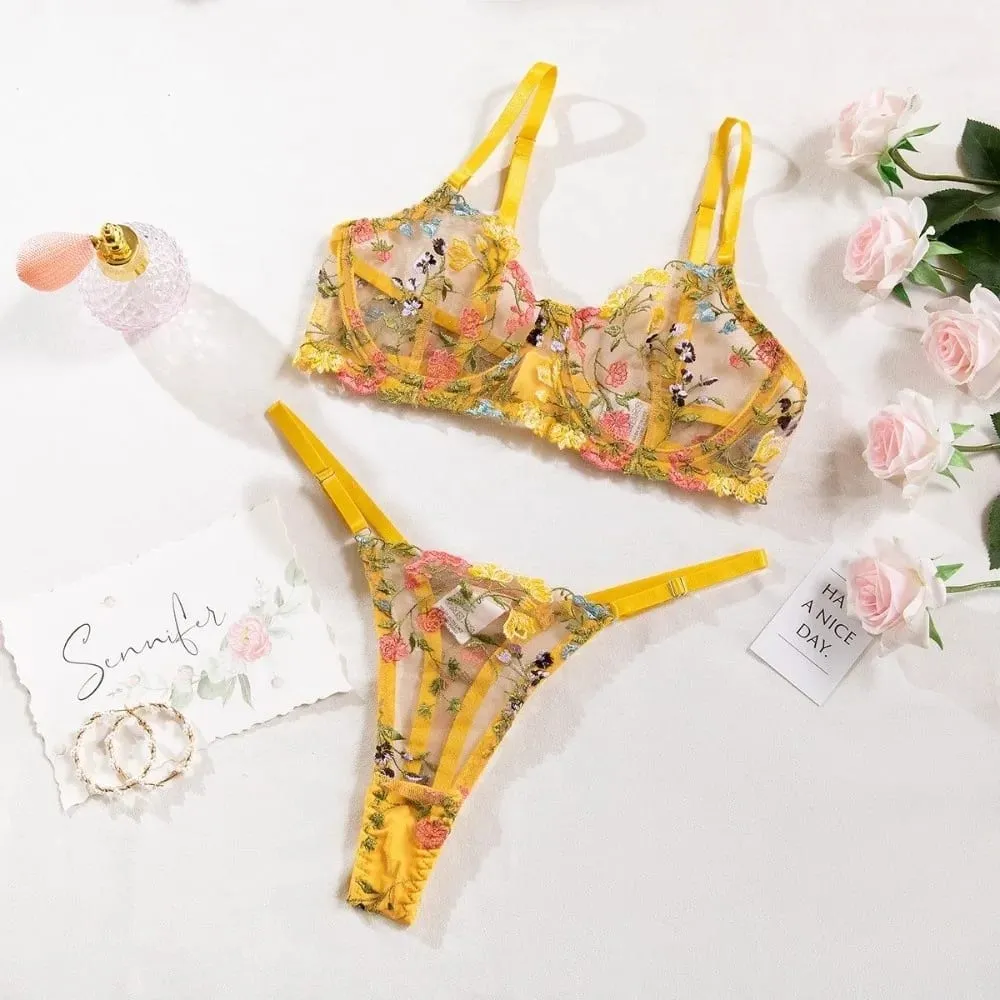 Versatile Transparent Lingerie Set Push Up Ultra-thin Embroidery Floral Underwear Elegant Bra Suit Women