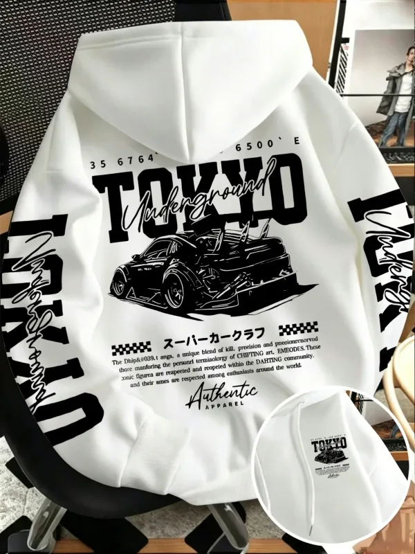 Autumn Winter New Men'S Tokyo Underground Racing Line Drawing Print Hooded Sweatshirt Japanese Street Trendy Top