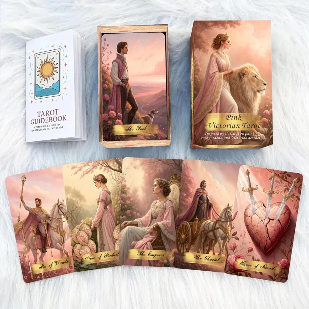 Pink victoriansk tarotkortsæt 78 stykker 13x8 cm romantisk og elegant design inkluderer papirinstruktioner perfekt til begyndere — image 3