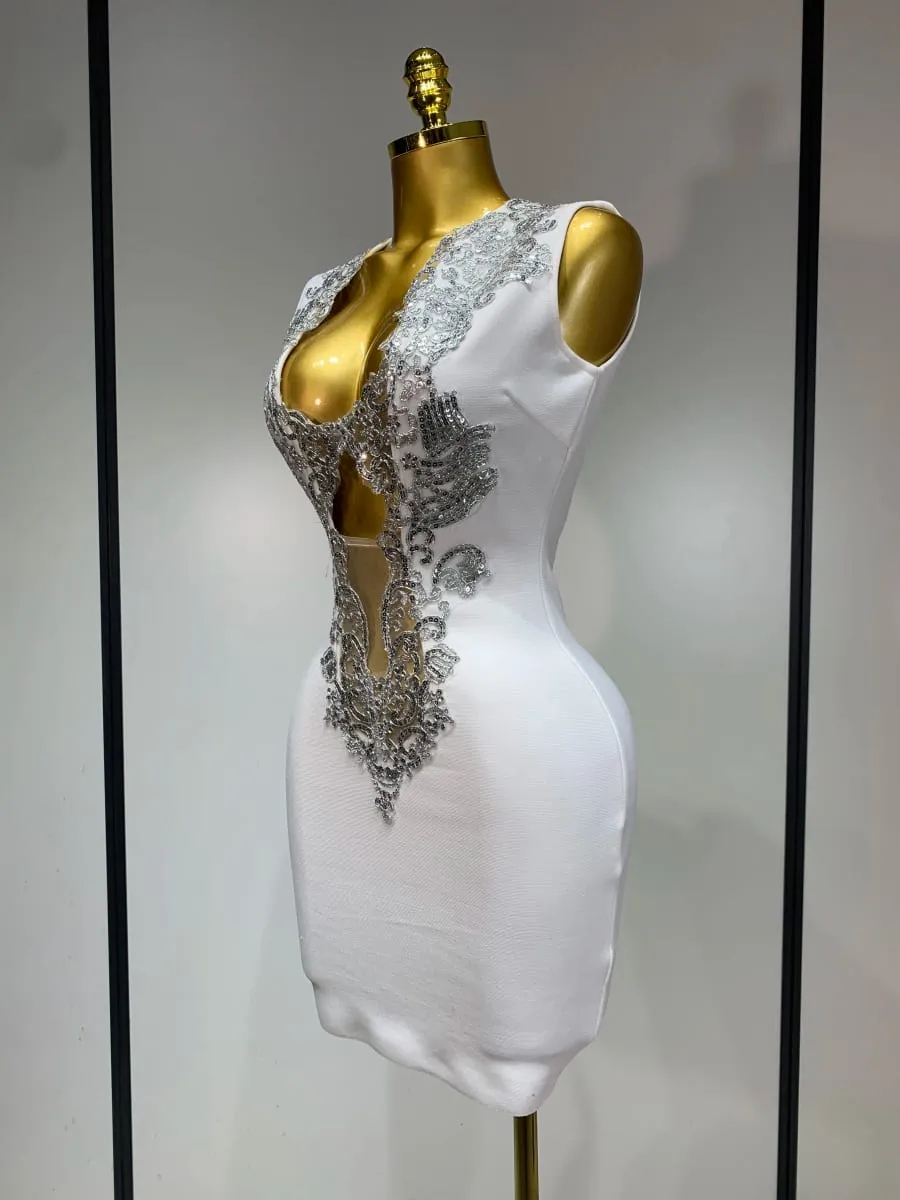 Kobiety 2025 seksowny dekolt w serek wycięty krótka bandażowa sukienka srebrne cekiny biały elegancki luksusowy urodziny klub na wesele Vestidos