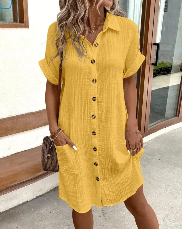 Modisches lockeres Kleid für Damen, einreihig, Raglanärmel, Kleider mit Tasche, Damen-Sommer-Tunika, kurzes Hemdkleid, Bürodame