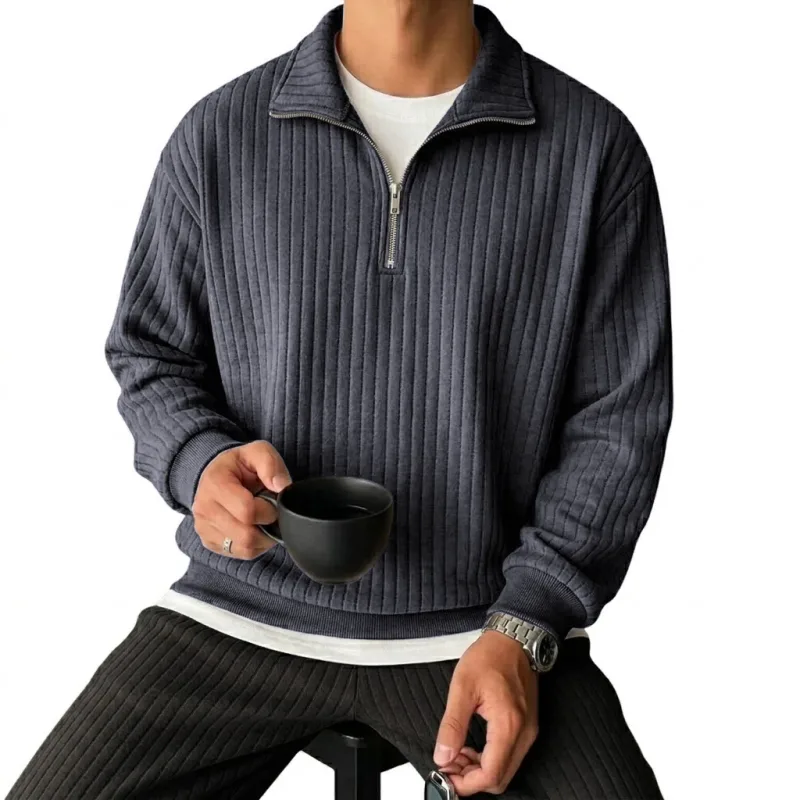 Quarter Zip Men's Sweatshirts Luxury Solid Stripes Pullover Zip Up Hoodies Gym Man V Neck Zip Up Shirts Long Sleeve Mens Coats — image 4