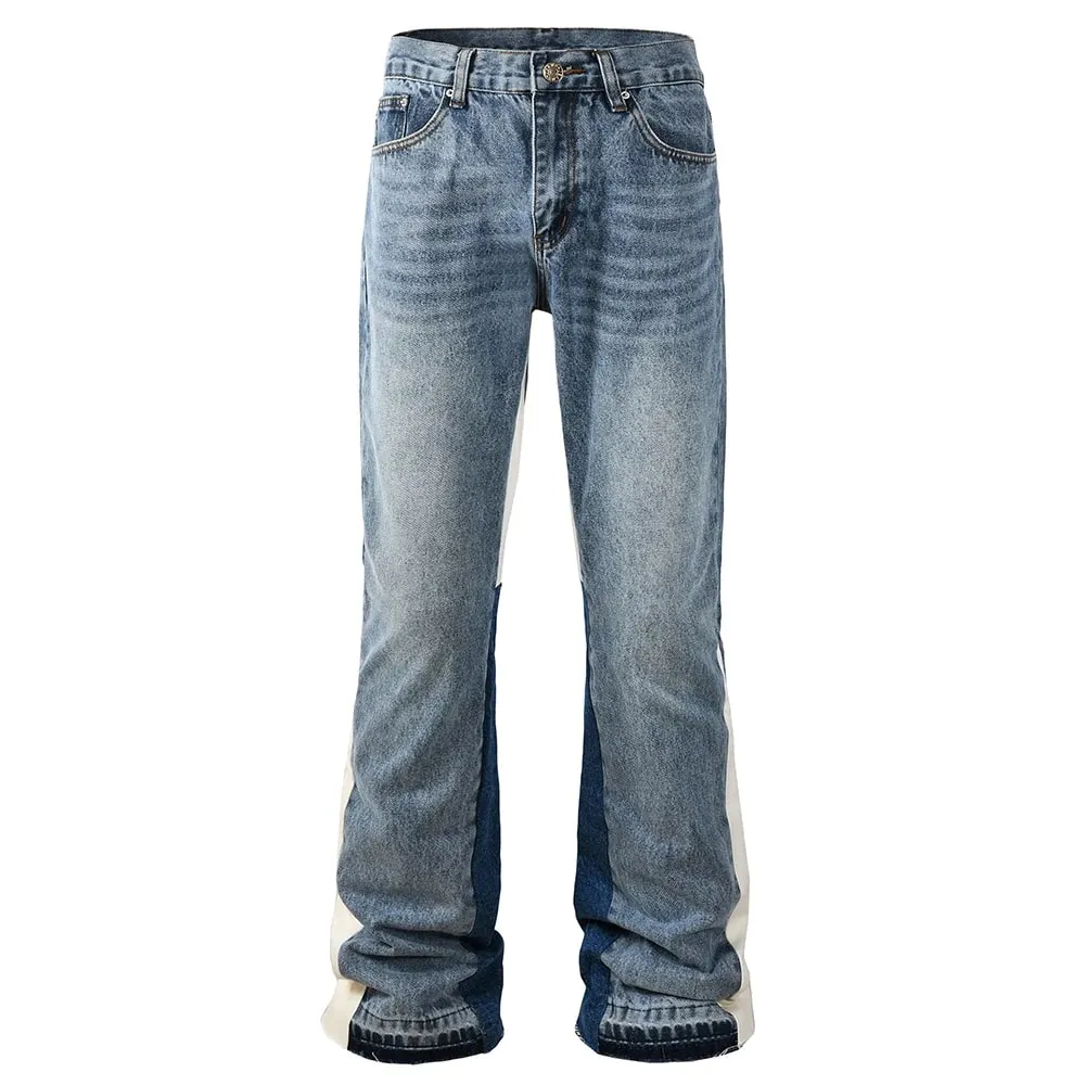 Men Spliced Flared Denim Jeans Patchwork Boot Cut Pants Streetwear Contrast Color Released Hem Blue Trousers