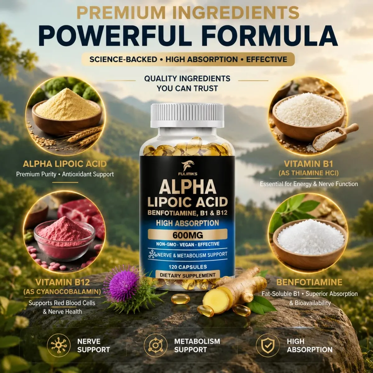 Premium Alpha Lipoic Acid 600mg - ALA Supplement with Benfotiamine Support Antioxidant Nerve Brain Liver Energy & Metabolism