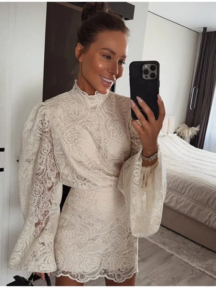 Kvinder Elegant Lace Hollow Out Minikjole Designs med fulde ærmer Chic High Neck Short Vestidos 2026 Trendy Spring Club Natkjoler — image 6