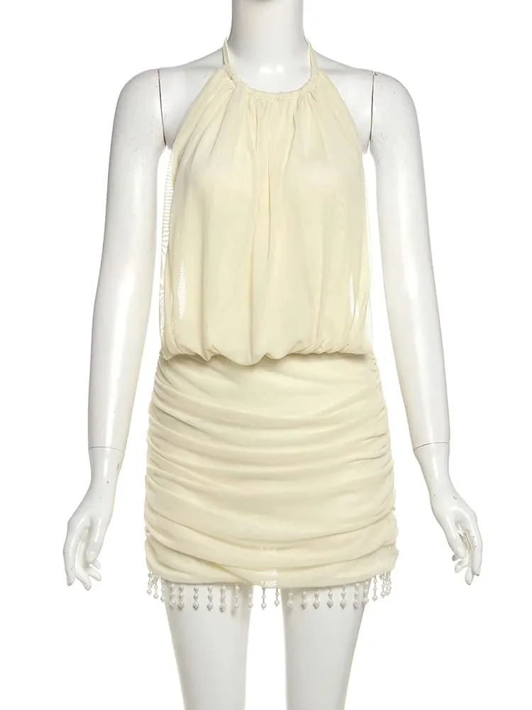 Weird Puss Mesh Patchwork Mini Dress Women Lace-Up Halter Sexy Backless Pearl Tassel Midnight Club Party Ruched Elegant Outfits