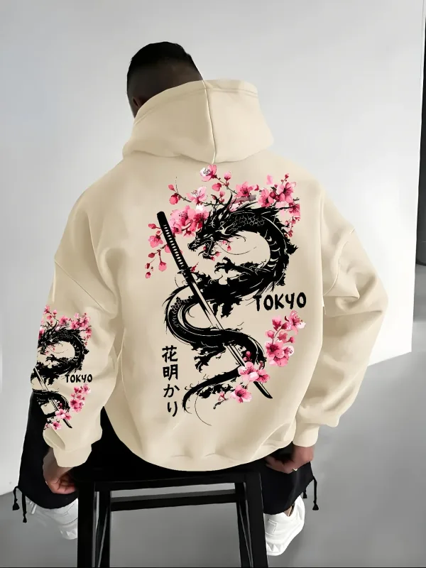 Pull à capuche imprimé de fleurs de cerisier à motif de dragon de style anime pour hommes pour la chaleur hivernale style ample et décontracté