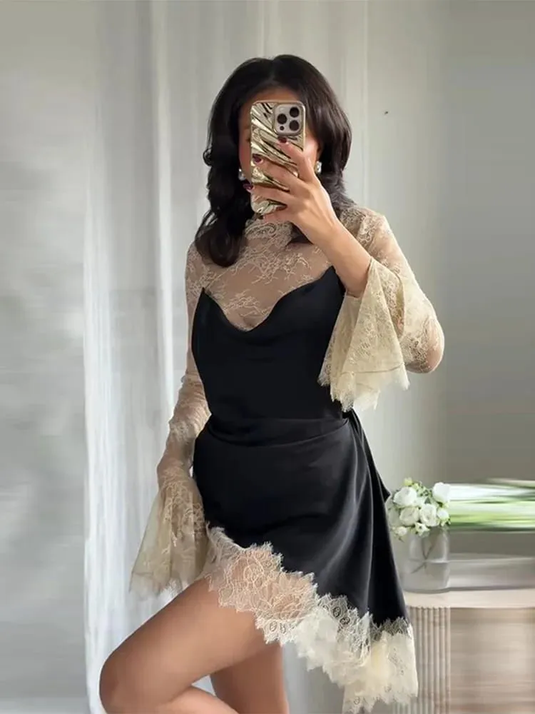 優雅緞面花卉蕾絲拼接迷你連身裙女式不規則下擺長袖連身裙女士 2026 年別緻晚會背心