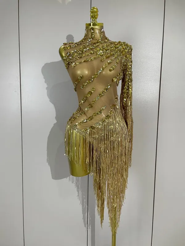 New Sparkly Rhinestones Tassel Sexy See-Through Dress Women One Shoulder Latin Dance Outfits Bars Nightclub Party Stage Costume