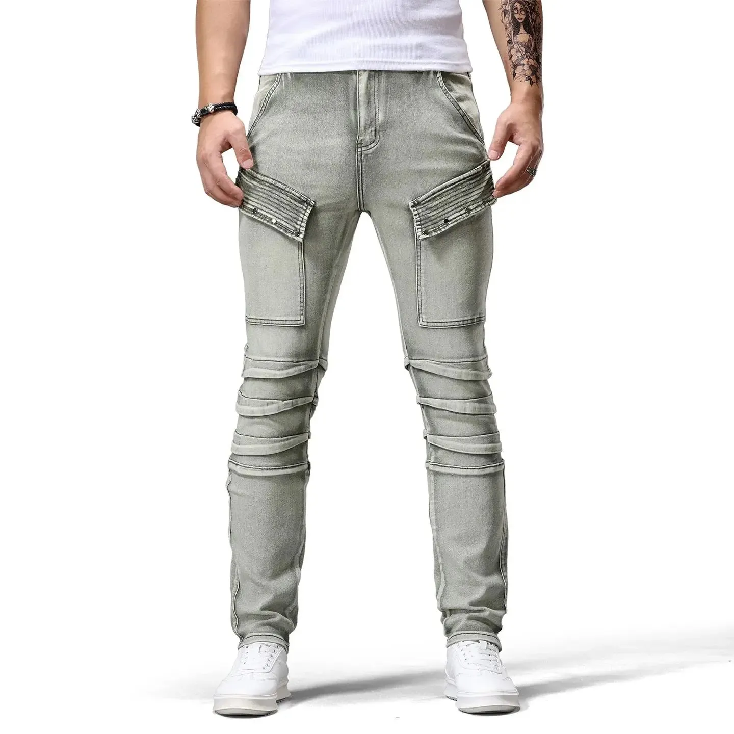 Retro Motorcycle Denim Jeans Men's Trending Patchwork Handsome Slim Fit Long Pants Fashion Board Straight Leg Jeans Denim Pants