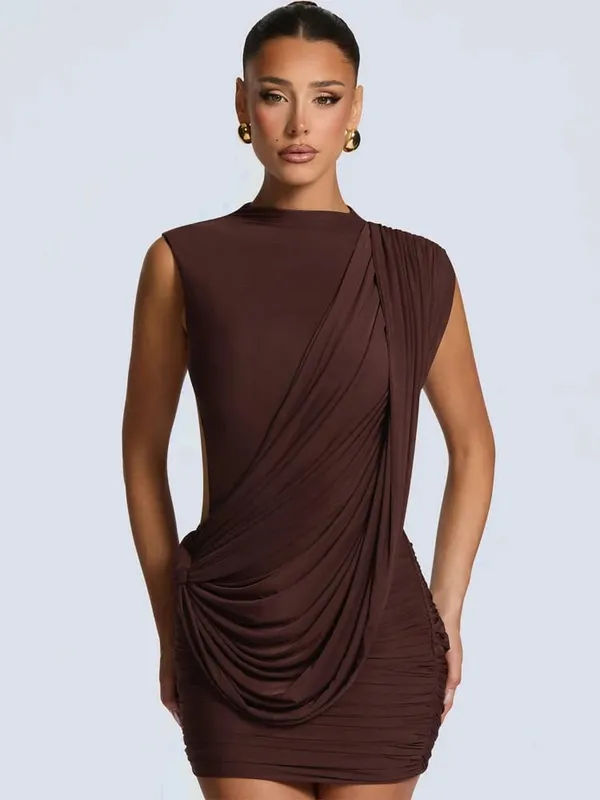 Chic Sleeveless Pleated Slim Mini Dress Women Sexy Solid Backless Hollow Out Round Collar Dresses Lady Evening Party Vestidos — image 8