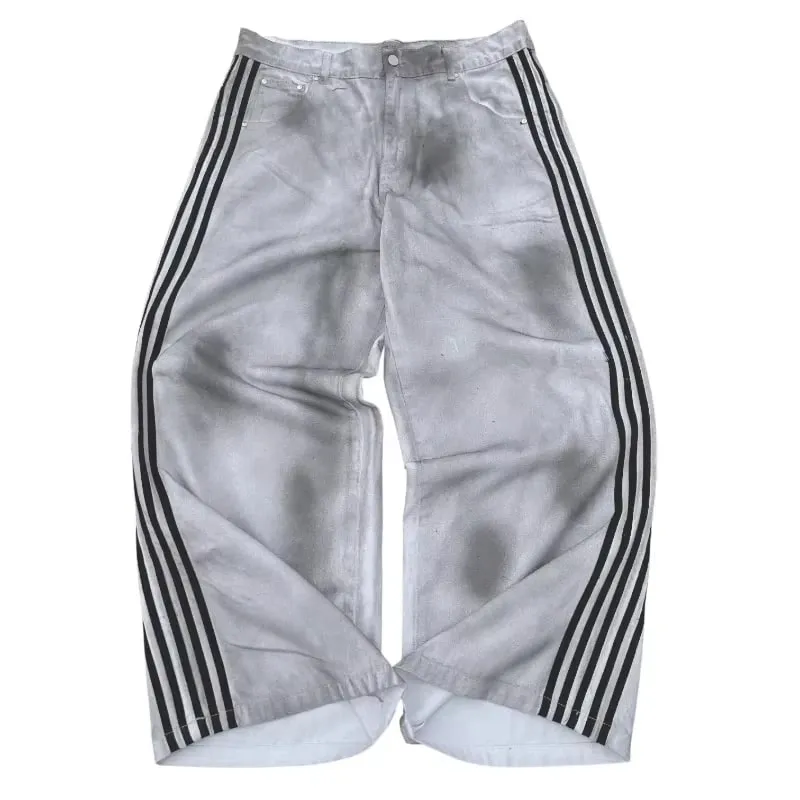 Y2K Baggy Jeans Retro Men's Gray Embroidered Striped Harajuku Sweatpants Women Hip Hop Streetwear Old Washed Wide Leg Denim Pant
