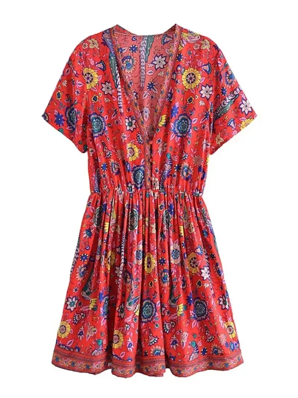 Vintage Chic mujeres Pavo Real estampado Floral profundo cuello pico bohemio Mini Vestidos señoras manga corta Happie playa Boho Vestidos