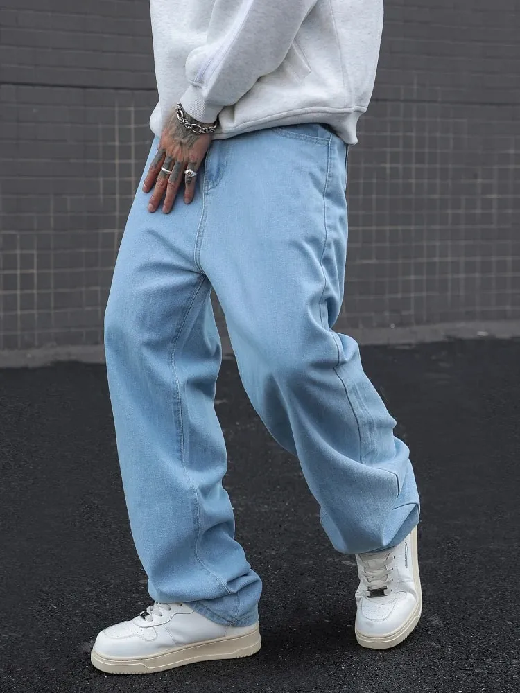 New Men's Cotton Baggy Y2K Jeans Fashion Male Clothes Elastic Waist Washed Wide Leg Pants Solid Straight Loose Denim Trousers