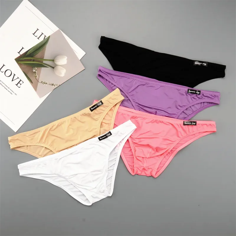 Thin Ice Silk Low Waist Men Briefs Solid Color Semi Transparent Underwear Plus Size Bulge Pouch Smooth Breathable Soft Panties