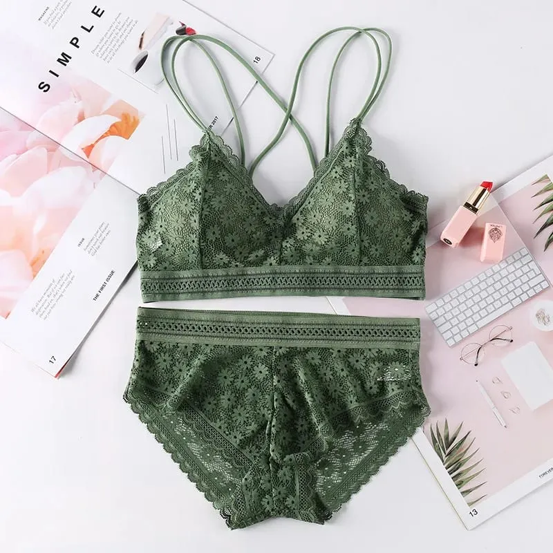 Lace Lingerie Set Cross Shoulder Strap Without Steel Ring Bra Women's Comfortable Support Underwear Fashionable Gathering Design — image 9