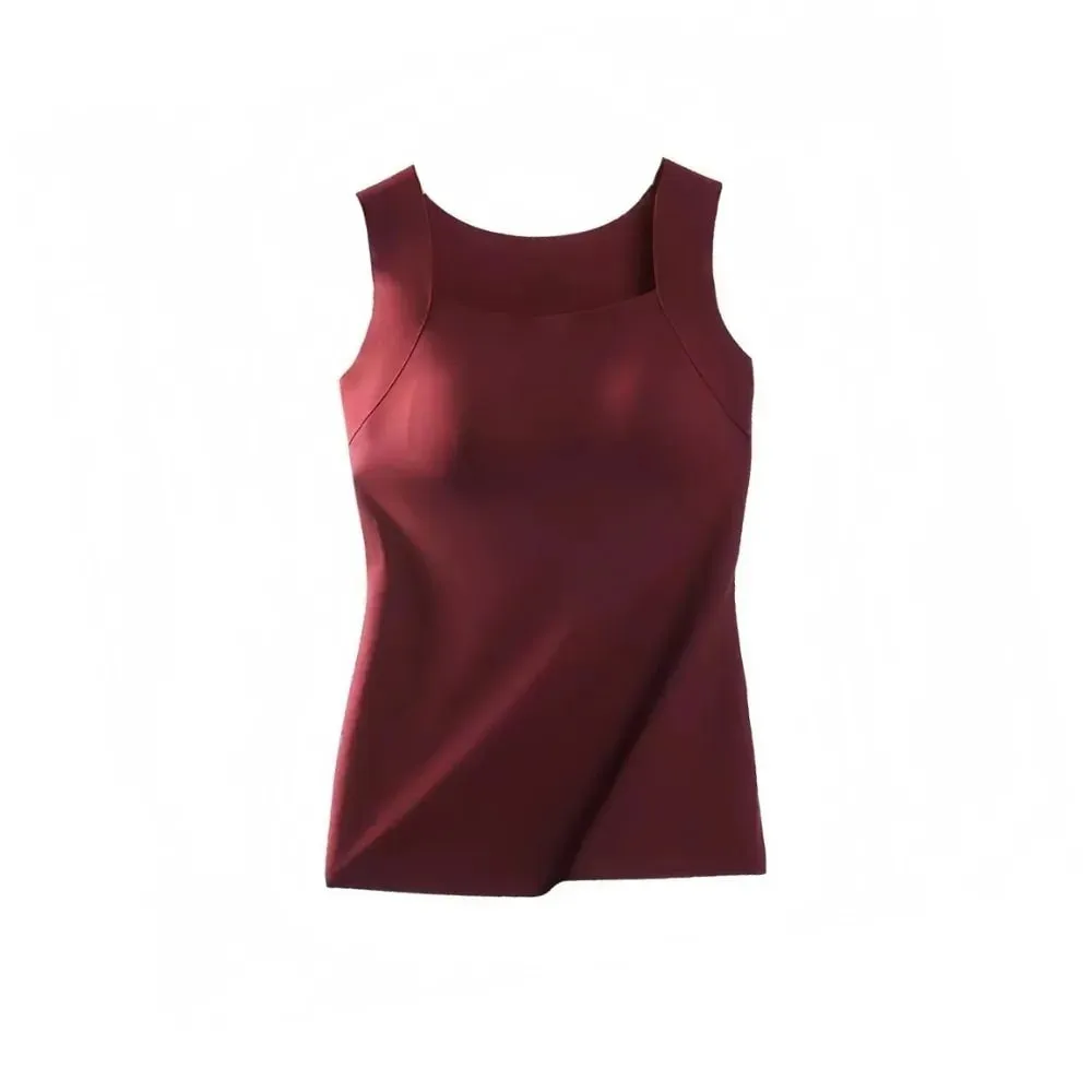 Built-in Bra Seamless Camisole Fixed Cup Solid Color Thermal Vest Stretchy U Neck Bottoming Underwear Multi-layer Wear