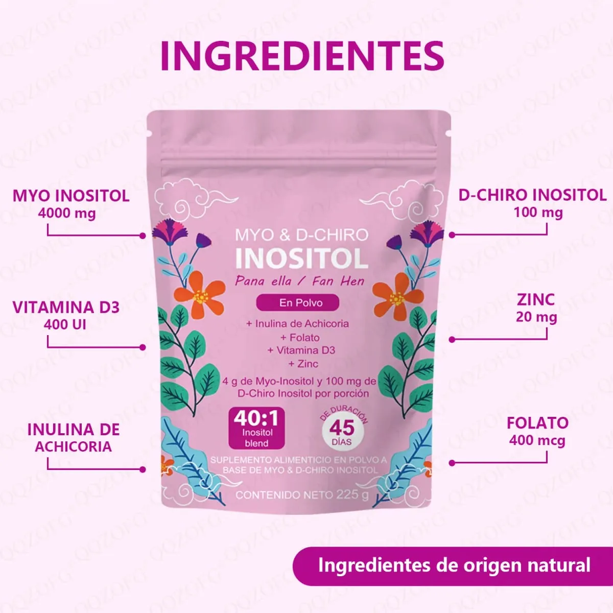 40:1 Mix Myo & D-Chiro Inositol Powder Contain Folate Vitamin D3 and Zinc Supporting Women's Daily Health Dietary Supplement