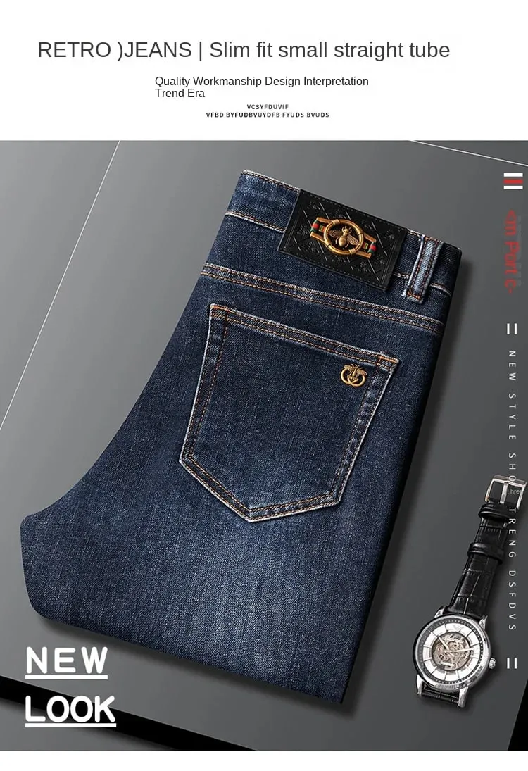 Light Luxury Blue Jeans Men's Autumn and Winter Thick 2024 New Simple and Versatile Casual Stretch Slim High-End Trousers