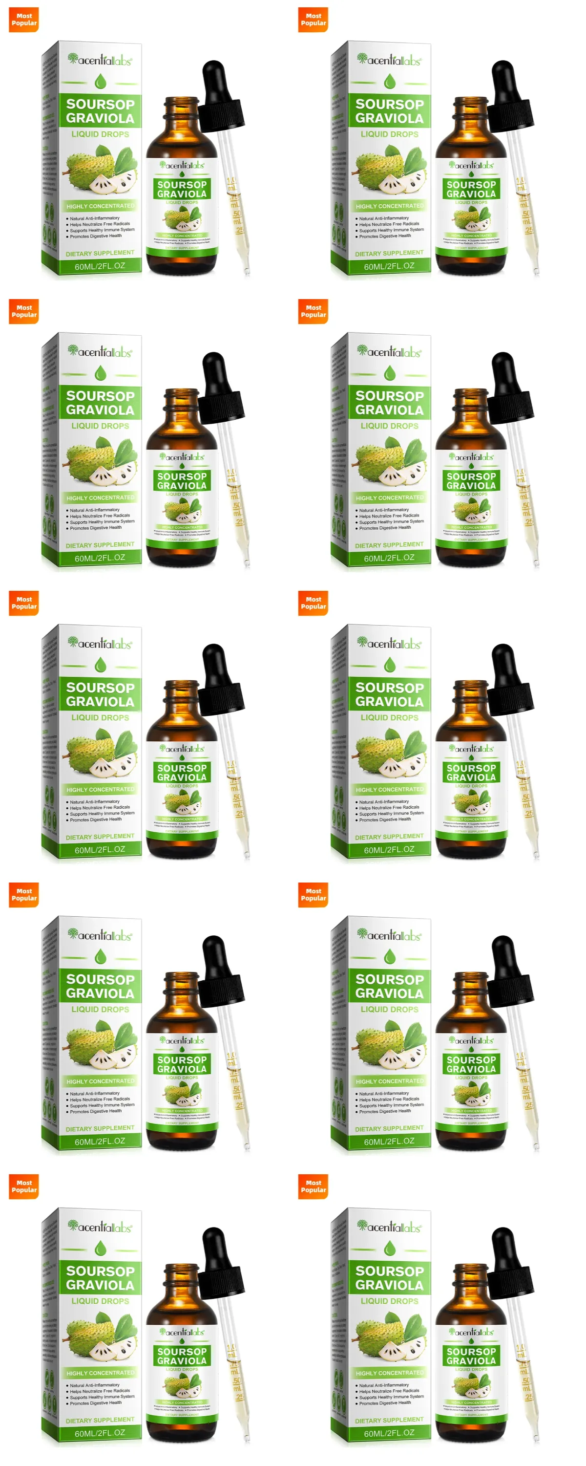 Acentiallabs ขายร้อน 60ml Soursop Bitter Liquid หยดผลิตภัณฑ์เสริมอาหาร 100% Pure Organic Soursop Graviola Extract สำหรับ Adlut