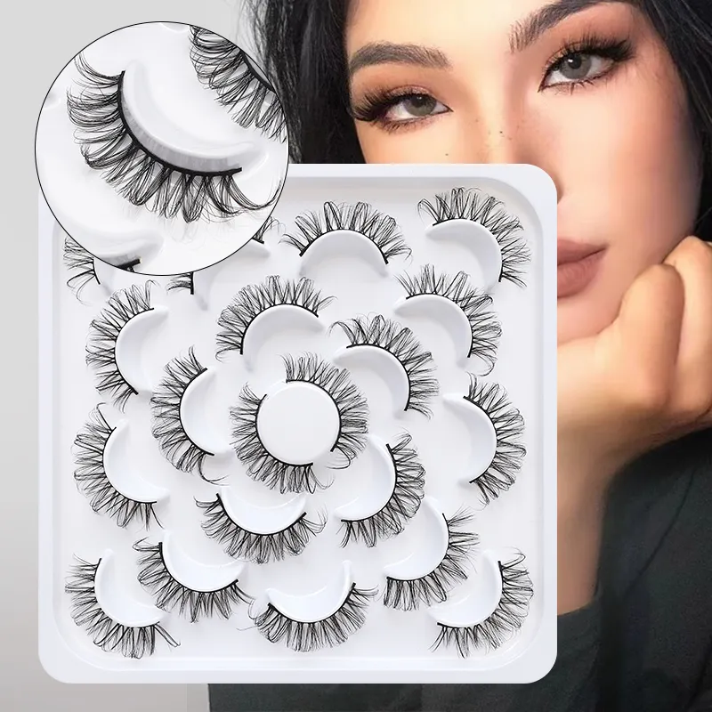 10 Pairs Russian DD Curl Bulk Fluffy Strip Lashes Natural Soft False Eyelashes Reusable Handmade Eye Lashes for Daily&Party
