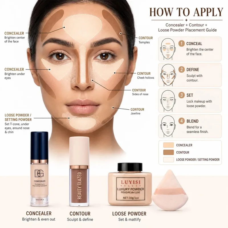 4pcs/Set:Concealer Contour Loose Powder&Puff Full Face Sculpting&Setting Kit Waterproof Long-Lasting Matte Effect Oil-Control.